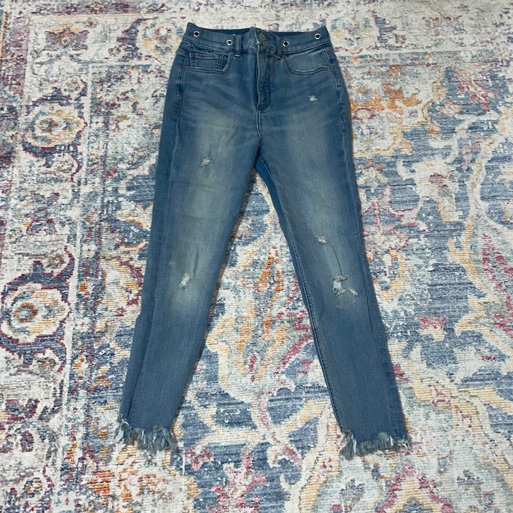 Super high rise skinny Express jeans cropped and hemmed from the ankle.